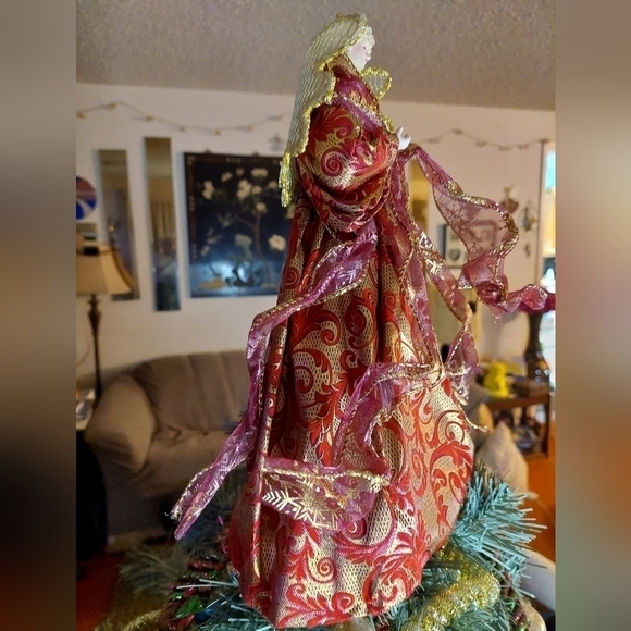 NWOT. Vintage* Angel Tree Topper, Burgandy & Gold Gown - Picture 3 of 6